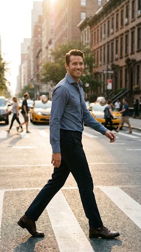 Maßgefertigtes Hemd im goldenen Abendlicht auf der Madison Avenue in New York