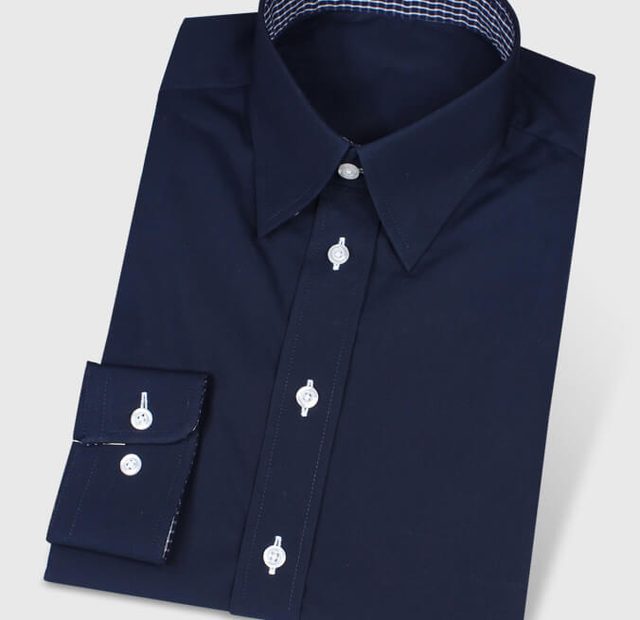 Dark blue Button-Under-Shirt with Checkered Contrasting Fabric – Template image