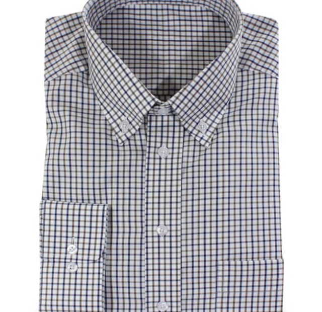 Kariertes Freizeithemd Buttondown-Kragen blau braun weiß – Vorlagenbild